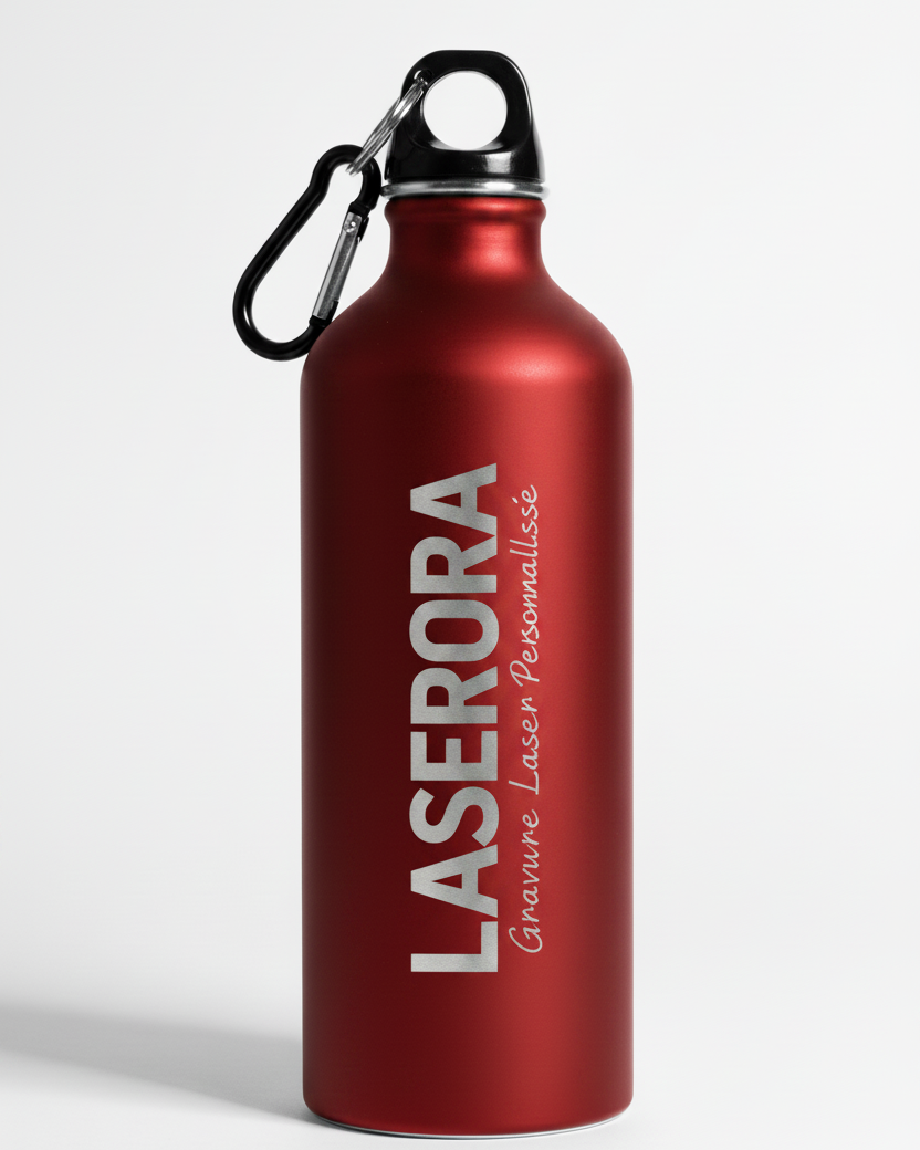 Gourde LASERORA rouge avec logo et texte